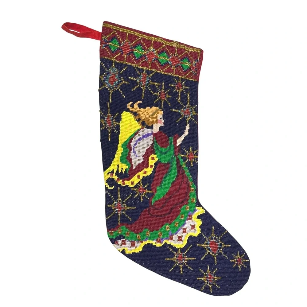 Handmade Needlepoint Angel‎ Christmas Stocking Beaded Stars Red Velvet
